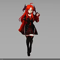 Fantasy Character With Red Long Hair Red Horns Black Red Plaid Skirt And Black Stockings
