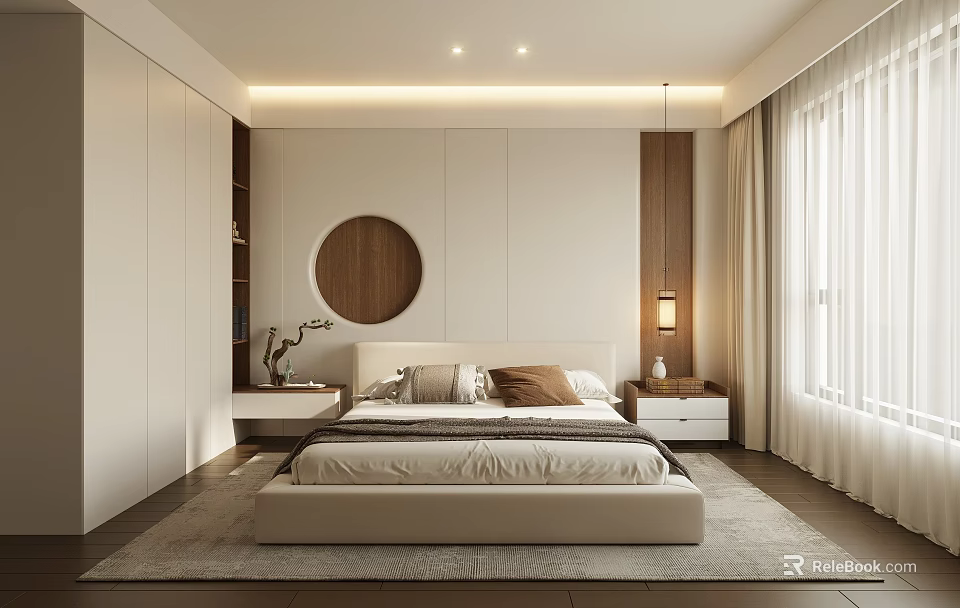 Modern Bedroom Interior Design With Beige Bed Round Wooden Decor Nightstands And Curtains 3d model 