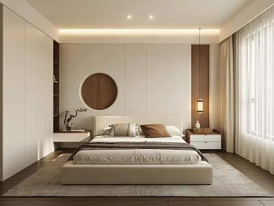 Modern Bedroom Interior Design With Beige Bed Round Wooden Decor Nightstands And Curtains 3d model