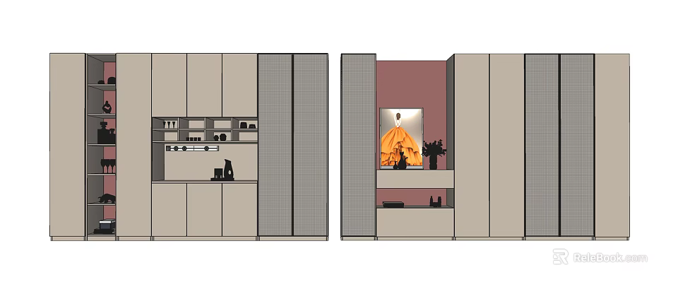 Modern Wine Cabinet Design With Multiple Shelves And Decorative Display Area 3d model