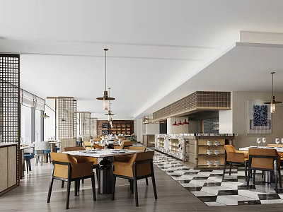 Elegant Modern Restaurant Interior With Wooden Tables Leather Chairs And Checkerboard Floor 3d model