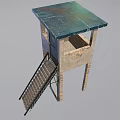 Guard Tower With Metal Stairs Blue Door Yellow Warning Sign And Concrete Walls