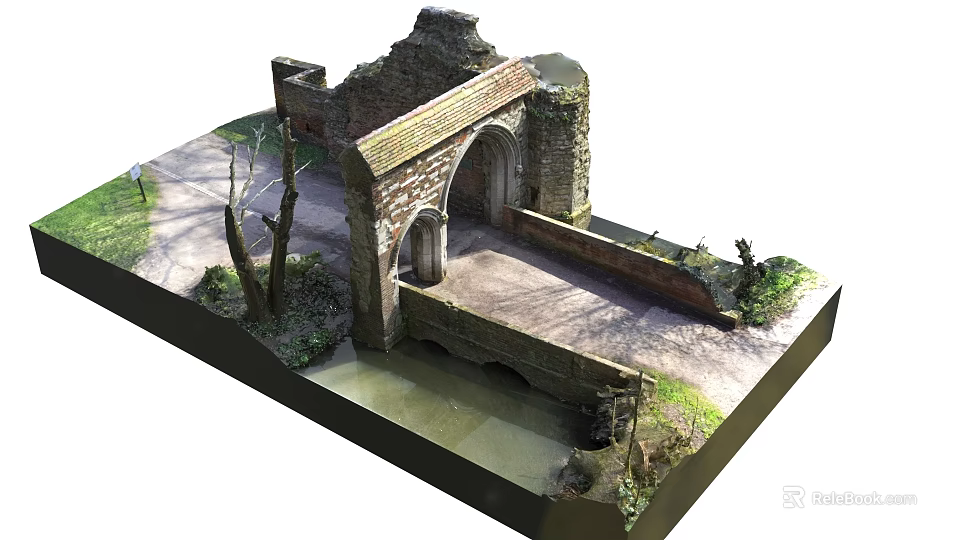 Ancient Ruined Architectural Structure With Archway Brick Walls Stone Path And Water 3d model 