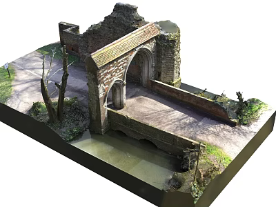 Ancient Ruined Architectural Structure With Archway Brick Walls Stone Path And Water 3d model