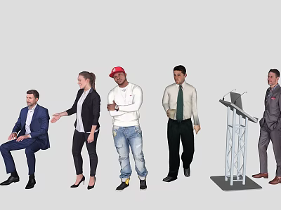 Various People In Different Attires Sitting And Standing Near Podium With Laptop 3d model