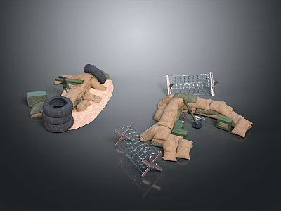 Military Fortification Landscape Featuring Stacked Sandbags Old Tires Barbed Wire And Wooden Crates 3d model