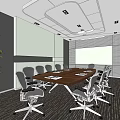Modern Conference Room Interior With Long Wooden Table Ergonomic Chairs Carpeted Floor And Wall Art