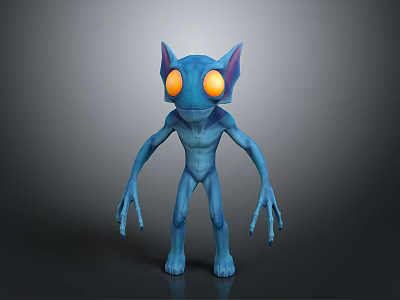 Blue Fantasy Creature with Large Orange Eyes Long Ears and Slender Body 3D Character Model 3d model