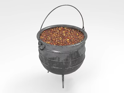 Traditional Black Cauldron With Handle And Tripod Legs Filled With Red Brown Spices 3d model