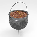 Traditional Black Cauldron With Handle And Tripod Legs Filled With Red Brown Spices
