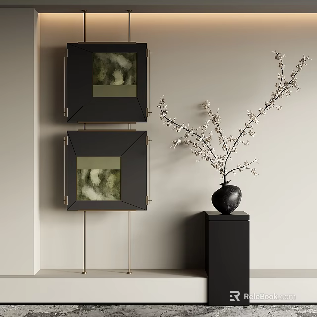 Stylish Interior With Black Framed Artworks And White Flowering Vase On Pedestal 3d model 