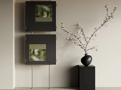 Stylish Interior With Black Framed Artworks And White Flowering Vase On Pedestal 3d model