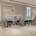 Modern Chinese Tea House Interior With Wooden Shelves Tea Display And Tables Chairs