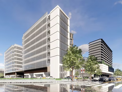 Modern Residential Building Featuring Glass Facade White Exterior and Trees Along Street with Clear Sky 3d model