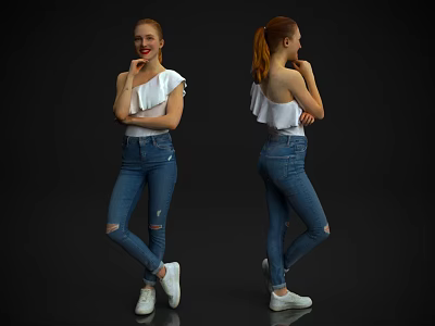 Woman In White One Shoulder Top Ripped Blue Jeans And White Sneakers On Black Background 3d model
