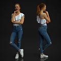Woman In White One Shoulder Top Ripped Blue Jeans And White Sneakers On Black Background