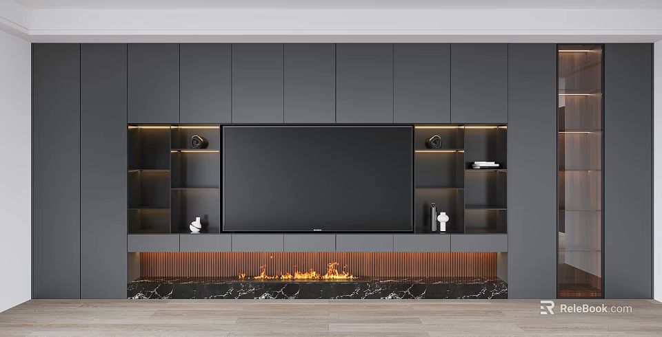 Modern TV Wall Interior with Grey Cabinetry Large TV Lit Shelves Decorative Items and Fireplace 3d model 