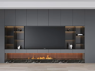 Modern TV Wall Interior with Grey Cabinetry Large TV Lit Shelves Decorative Items and Fireplace 3d model