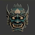 Traditional Teal Mask Sculpture With Intricate Carvings And Metallic Accents