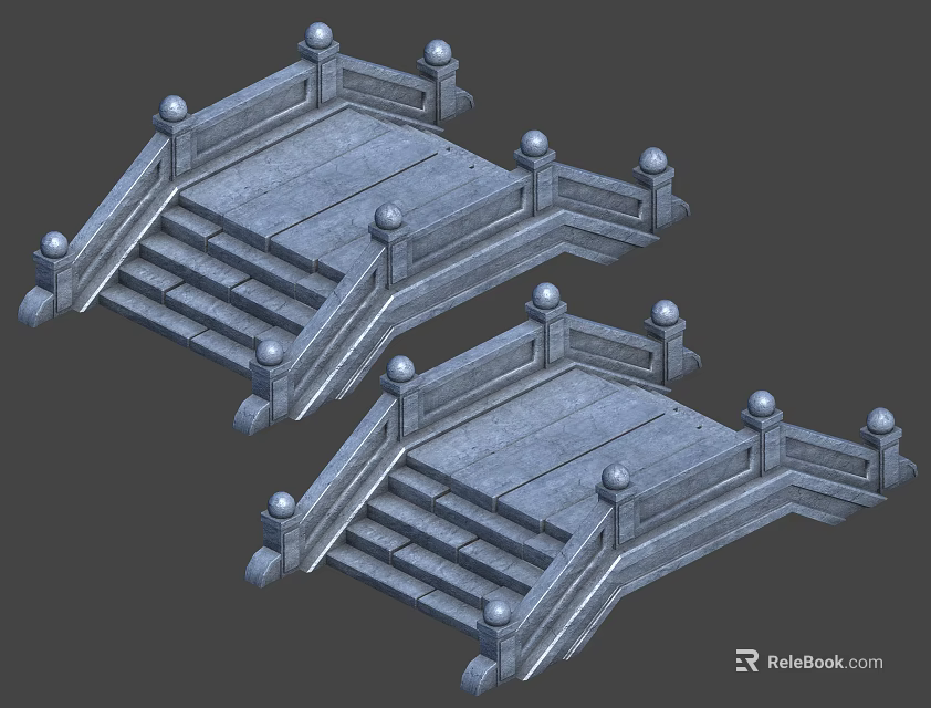 Detailed Gray Stone Bridge Model With Steps Railings And Spherical Decorations 3d model