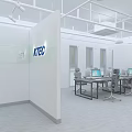 Modern Office Interior With KTEC Logo White Partitions Desks Computers Ceiling Lights And Windows 3d model