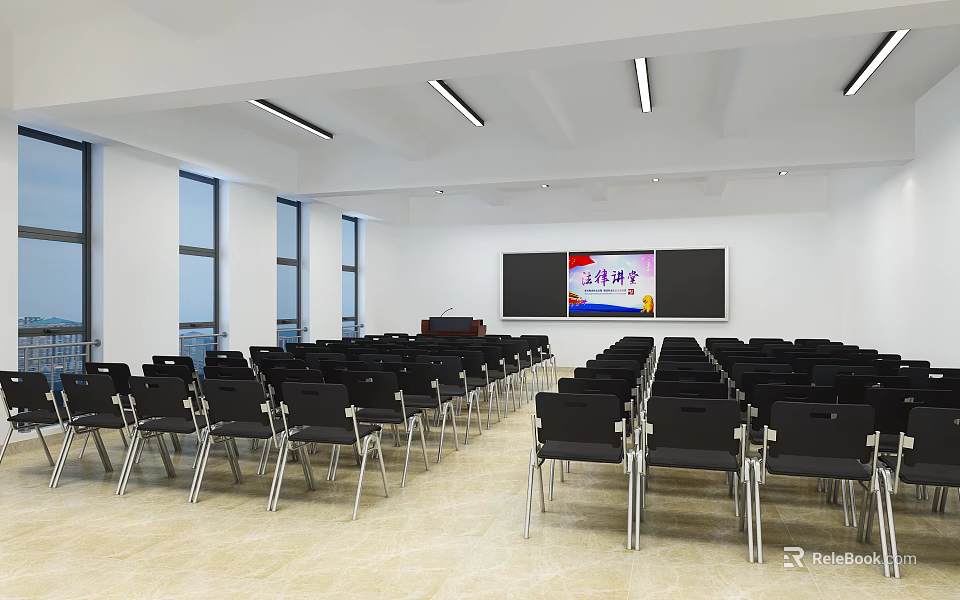 Spacious Modern Conference Room Interior With Neatly Arranged Black Chairs Projection Screen And Large Windows 3d model 