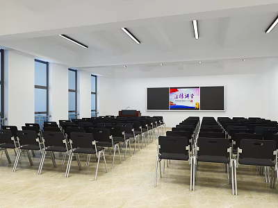 Spacious Modern Conference Room Interior With Neatly Arranged Black Chairs Projection Screen And Large Windows 3d model