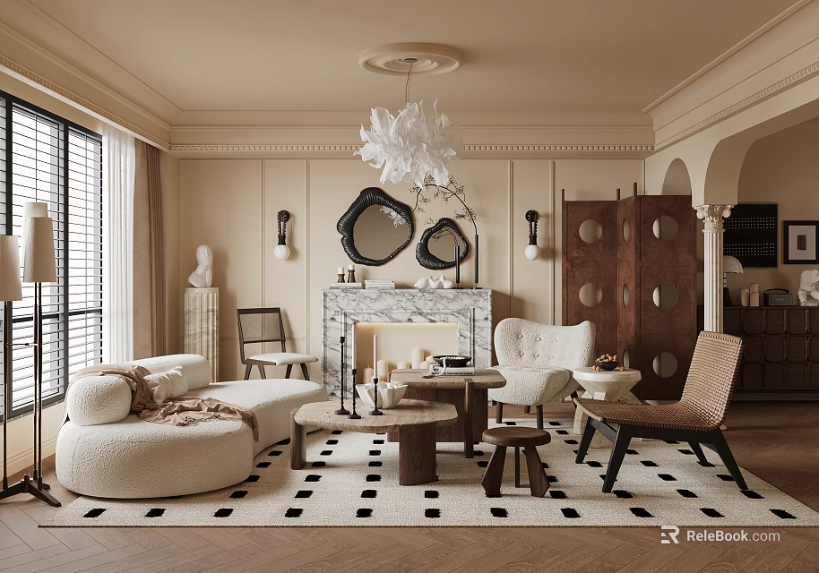 Modern Elegant Living Room With Beige Walls White Chandelier Marble Fireplace And Round Mirrors 3d model 