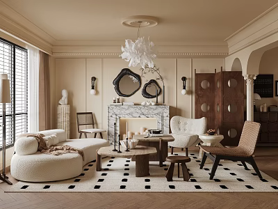 Modern Elegant Living Room With Beige Walls White Chandelier Marble Fireplace And Round Mirrors 3d model