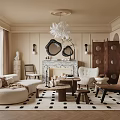 Modern Elegant Living Room With Beige Walls White Chandelier Marble Fireplace And Round Mirrors