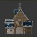 Fairy Tale Themed Small House Model With Blue Tiled Roof Chimney And Wooden Accents