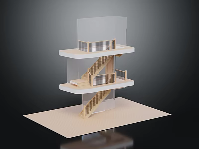 Architectural Model of Multi Level Interior with Wooden Staircase Platforms and Railings 3d model
