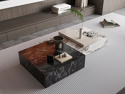 Modern Coffee Table with Marble Top Black Base Decorated with Vase Plant and Books 3d model