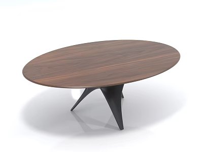 Modern Oval Coffee Table With Walnut Wooden Top And Black Metal Base 3d model