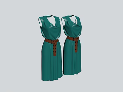 Two Green Sleeveless Dresses With Brown Belt And Decorative Buckle Detail 3d model