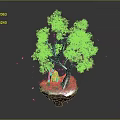 Pink Cherry Blossom Tree with Small Fox Underneath Falling Petals and Island Base
