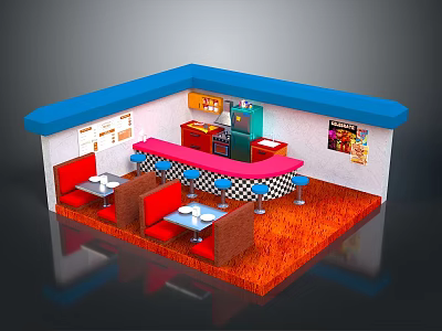 Retro Diner Interior Featuring Blue Border Red Counter Checkered Stools And Wall Posters 3d model