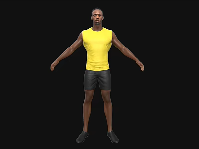 A man wearing yellow tank top and black shorts with arms outstretched against black background 3d model