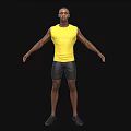 A man wearing yellow tank top and black shorts with arms outstretched against black background