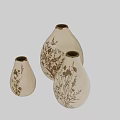 Three Beige Decorative Vases With Brown Floral Leaf Patterns Ornament Set