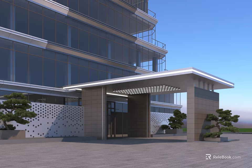 Modern Commercial Building Exterior Wall With Glass Curtain Stone Accents Entrance Canopy And Green Plants 3d model 