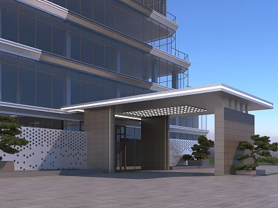 Modern Commercial Building Exterior Wall With Glass Curtain Stone Accents Entrance Canopy And Green Plants 3d model