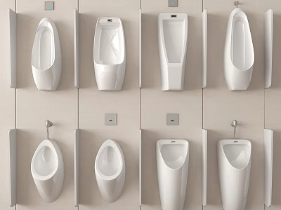 Multiple Modern White Wall Mounted Urinals Arranged In Public Restroom With Clean Design 3d model