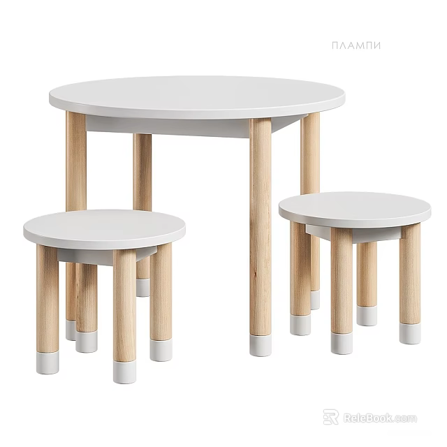 Kids Chair Set With Round Table White Top Wooden Legs And White Base 3d model 