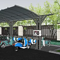 Outdoor Parking Canopy Providing Shade For Electric Scooters With Trees And Fence