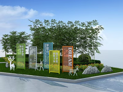 Outdoor Landscape With Colorful Signboards Green Bamboo Plants Deer Sculptures Grass Lawn And Stones 3d model
