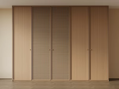 Modern Sleek Wooden Wardrobe Design With Grid Panel And Solid Doors 3d model
