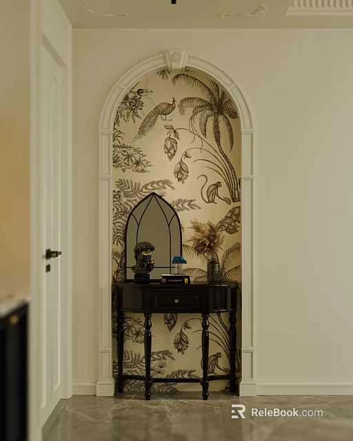 Elegant Black Decorative Cabinet With Arched Mirror On Tropical Leaf Pattern Wallpaper 3d model