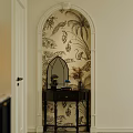 Elegant Black Decorative Cabinet With Arched Mirror On Tropical Leaf Pattern Wallpaper 3d model