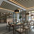 Modern Open Restaurant Interior With Wooden Dining Tables And Pendant Lights